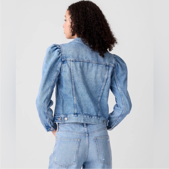 Gap Factory Puff Sleeve Icon Cropped Transitional Denim Jacket Coat NWOT Large - Picture 2 of 9